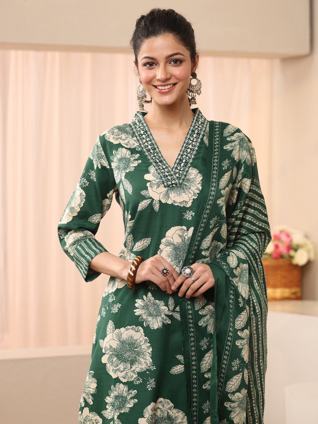 Green Floral Printed Cotton Blend Straight Suit Set