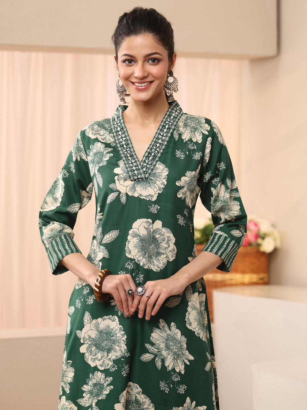 Green Floral Printed Cotton Blend Straight Suit Set