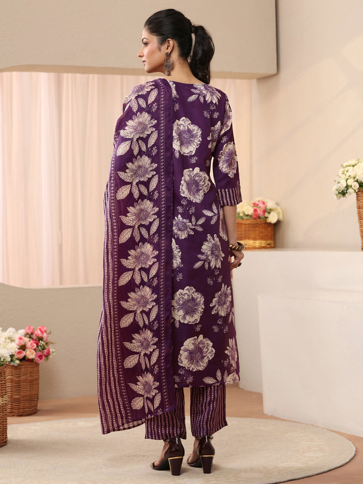 Purple Floral Printed Cotton Blend Straight Suit Set