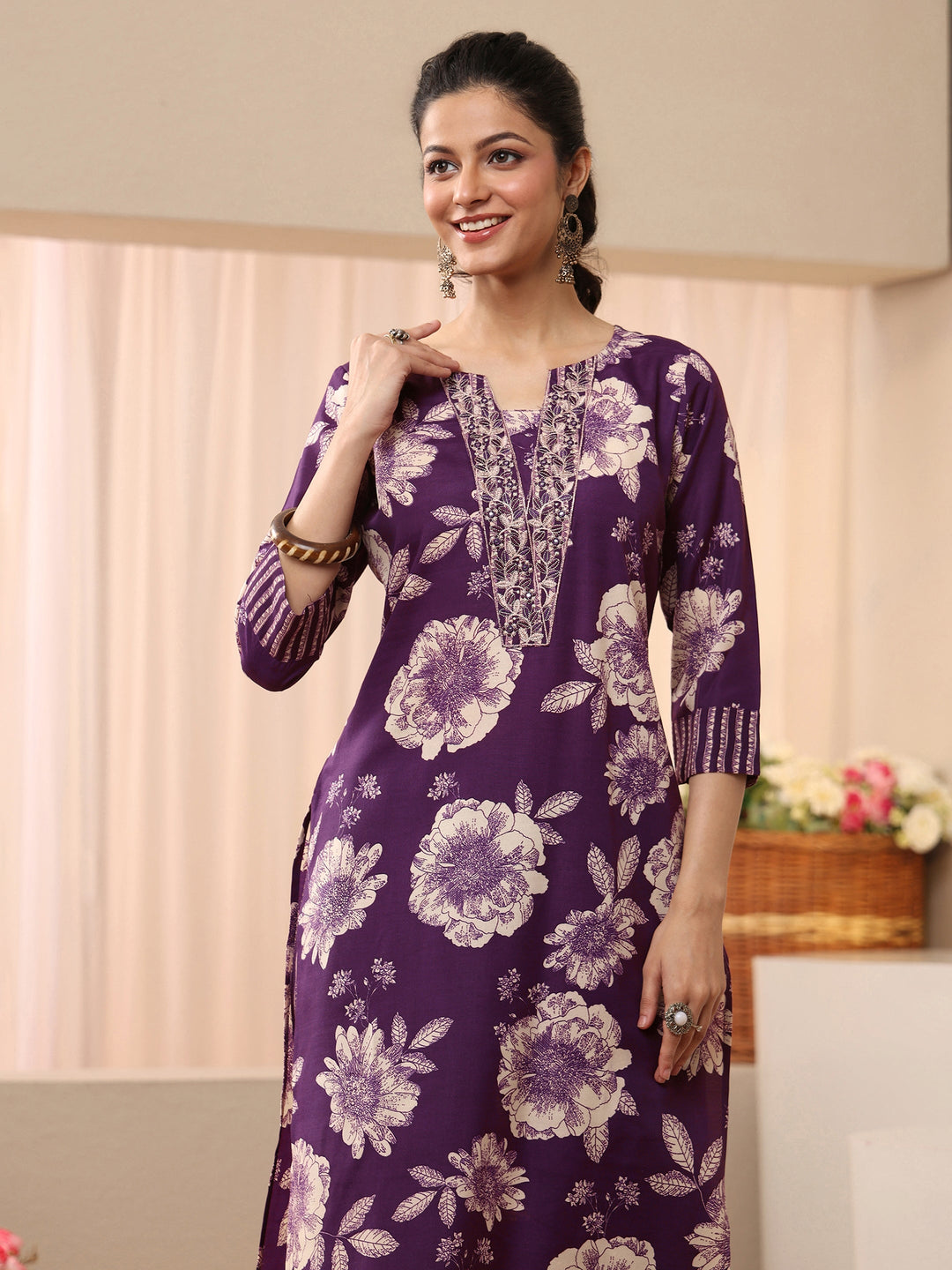 Purple Floral Printed Cotton Blend Straight Suit Set