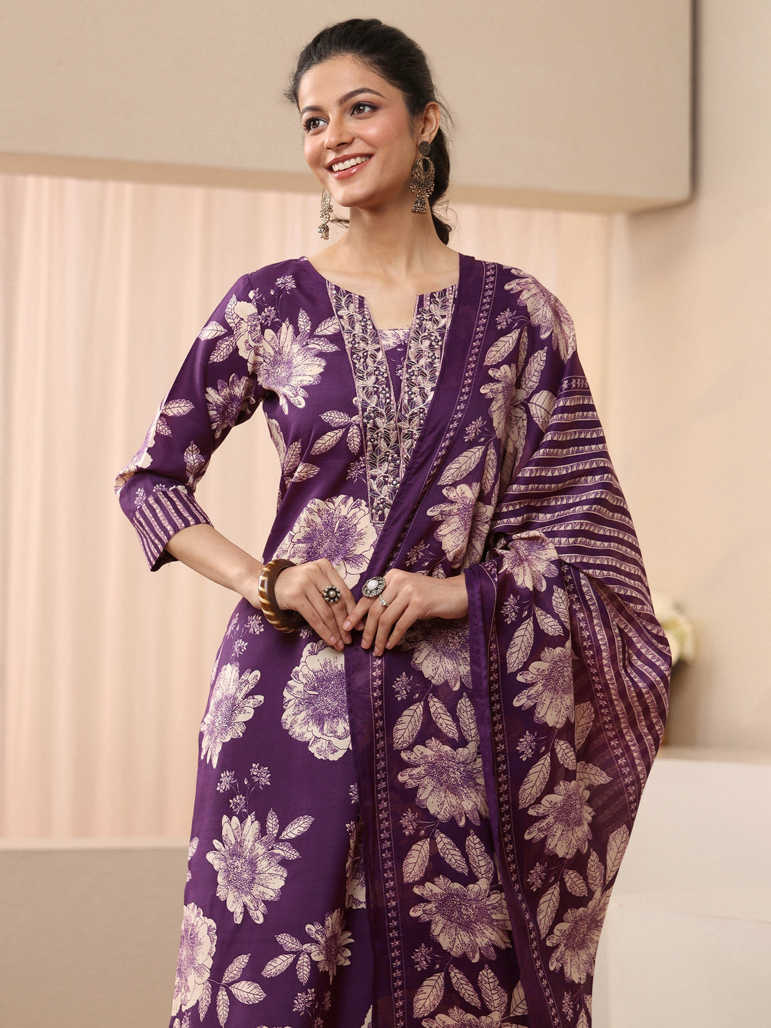 Purple Floral Printed Cotton Blend Straight Suit Set