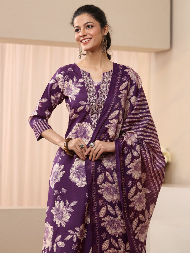 Purple Floral Printed Cotton Blend Straight Suit Set