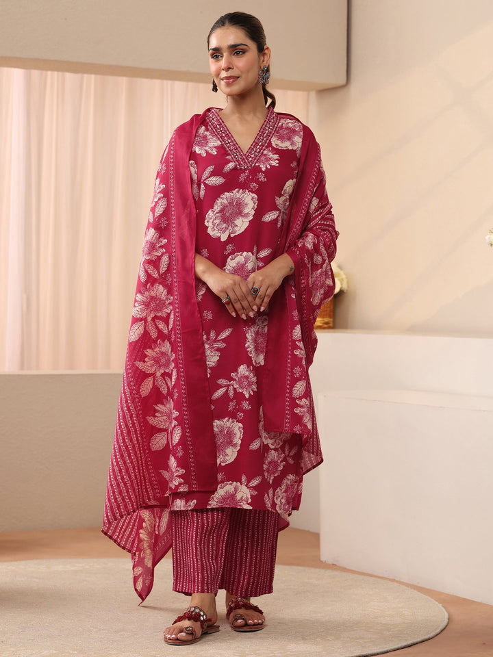 Pink Floral Printed Cotton Blend Straight Suit Set