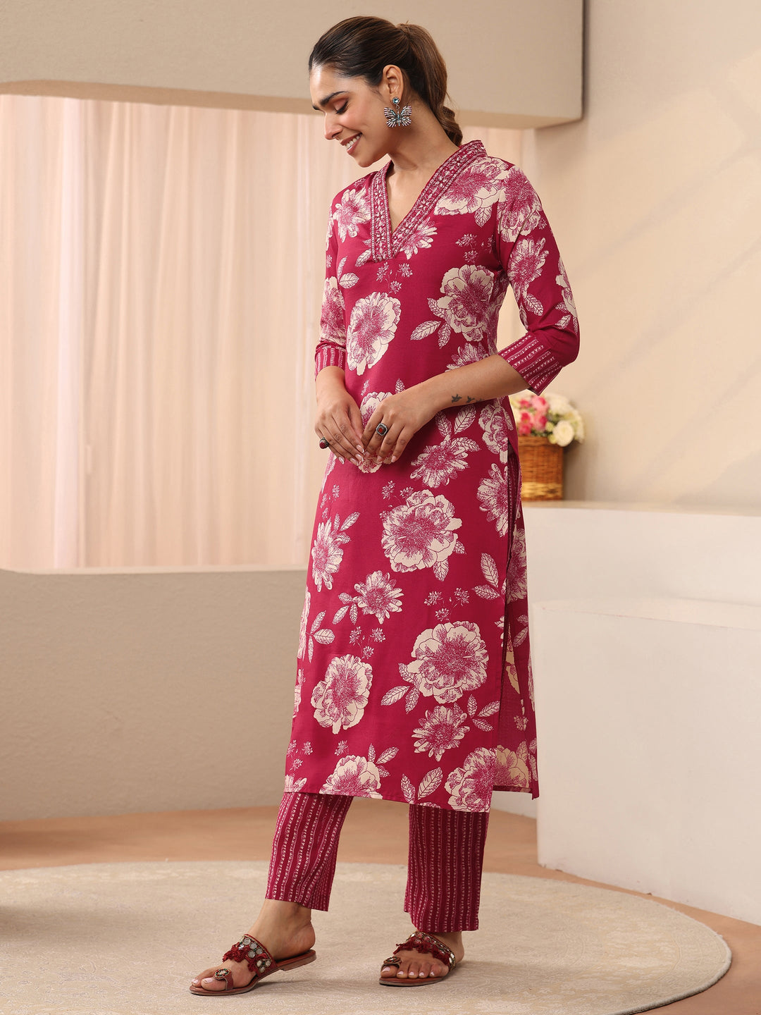 Pink Floral Printed Cotton Blend Straight Suit Set