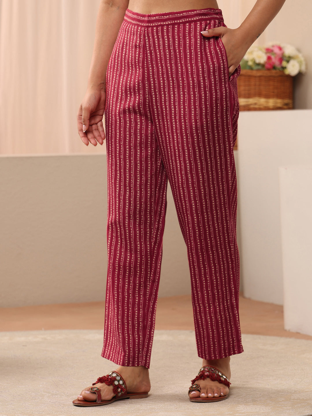 Pink Floral Printed Cotton Blend Straight Suit Set