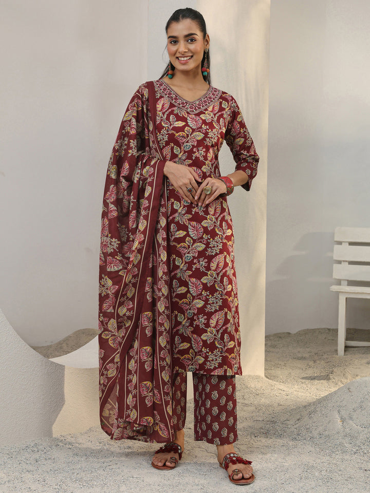Maroon Floral Printed Cotton Blend Straight Suit Set With Dupatta