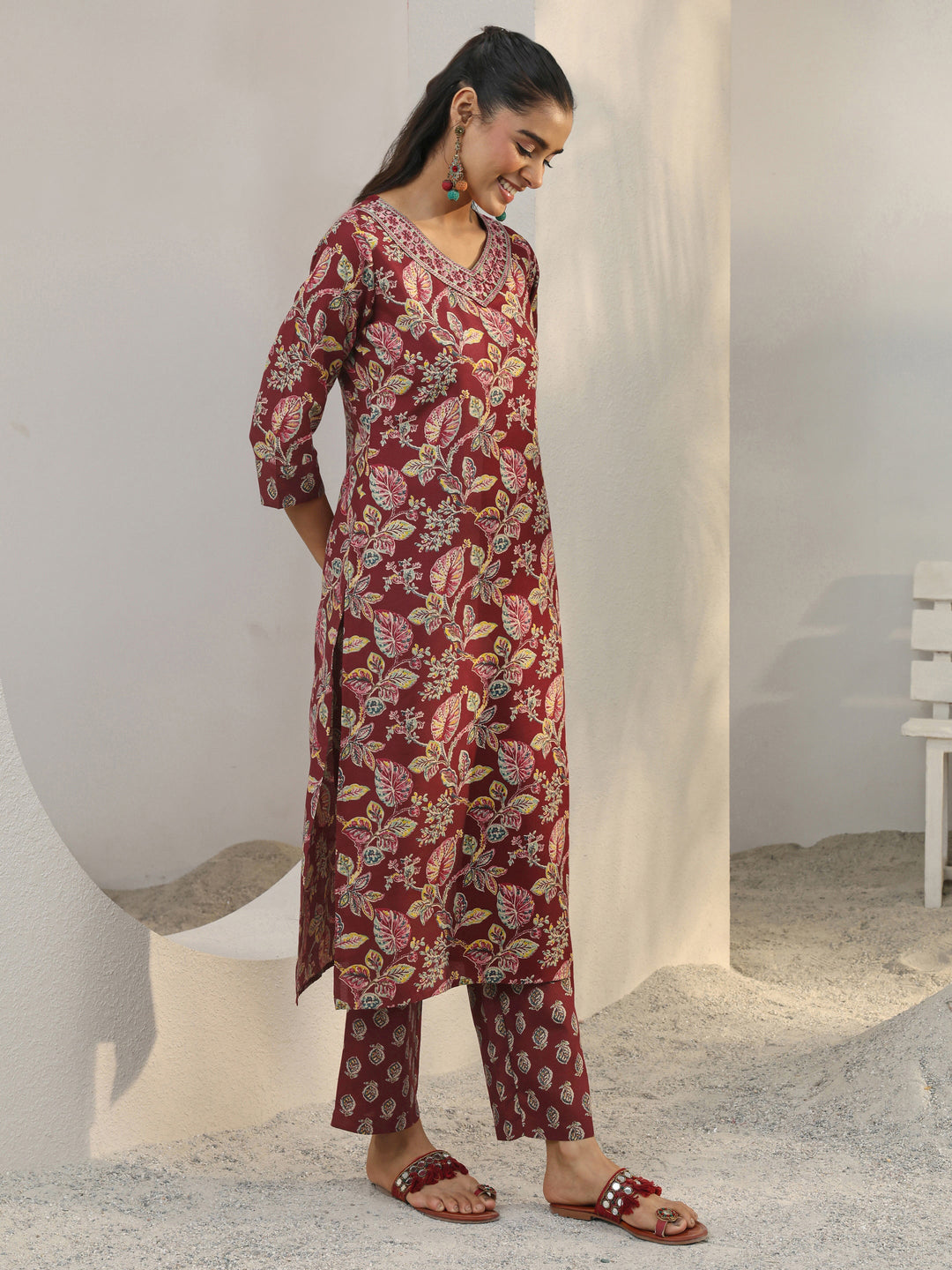 Maroon Floral Printed Cotton Blend Straight Suit Set With Dupatta