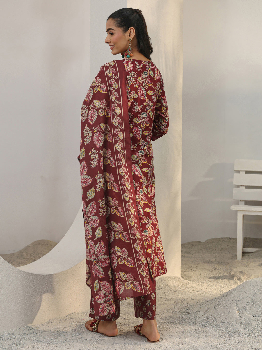 Maroon Floral Printed Cotton Blend Straight Suit Set With Dupatta