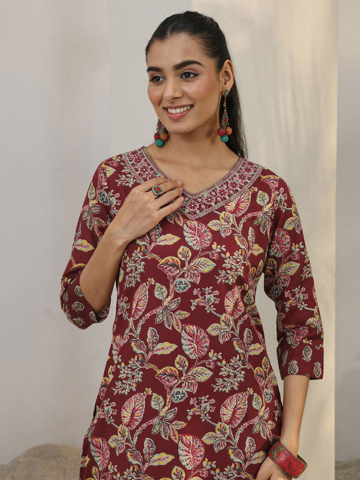 Maroon Floral Printed Cotton Blend Straight Suit Set With Dupatta
