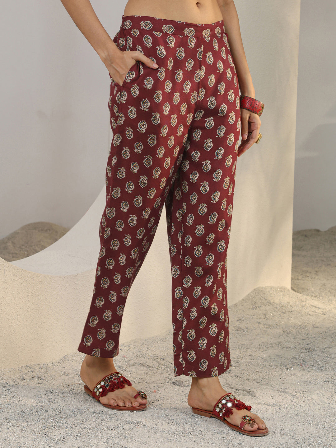 Maroon Floral Printed Cotton Blend Straight Suit Set With Dupatta