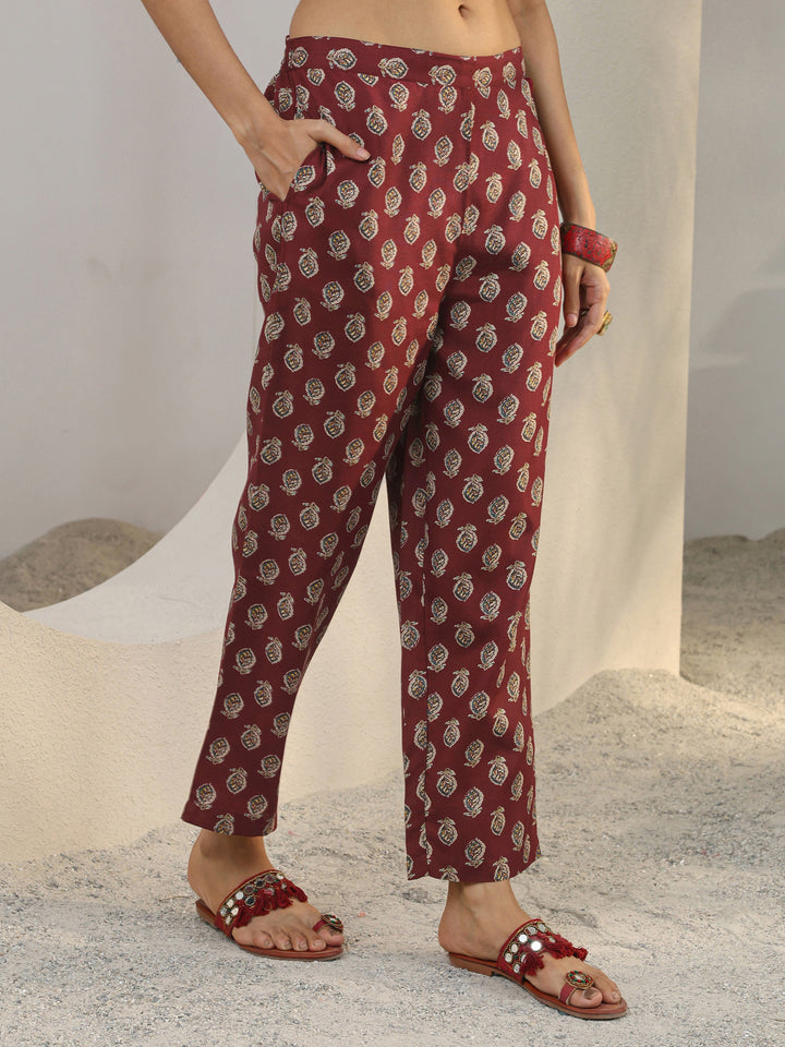 Maroon Floral Printed Cotton Blend Straight Suit Set With Dupatta