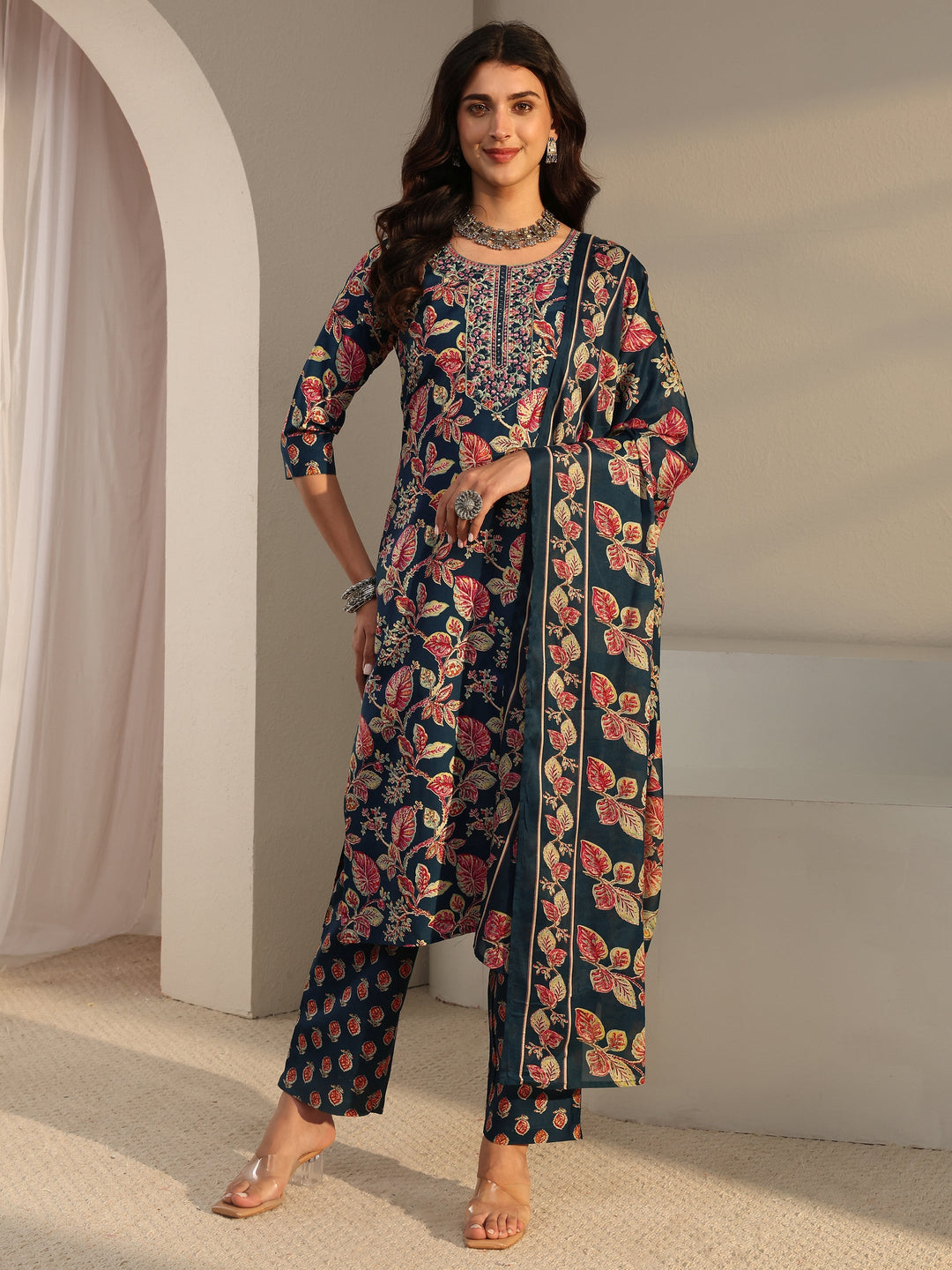Blue Floral Printed Cotton Blend Straight Suit Set With Dupatta