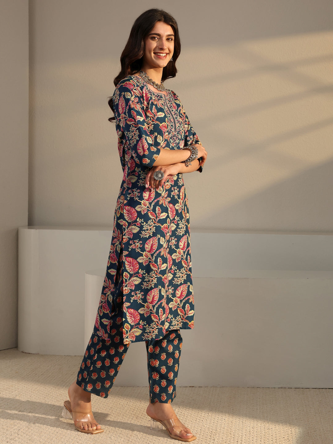 Blue Floral Printed Cotton Blend Straight Suit Set With Dupatta