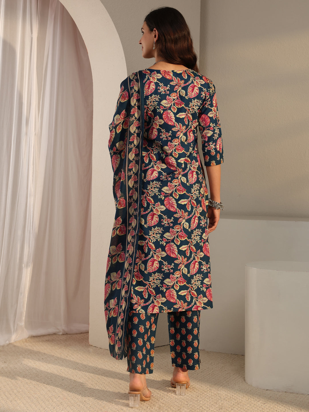 Blue Floral Printed Cotton Blend Straight Suit Set With Dupatta