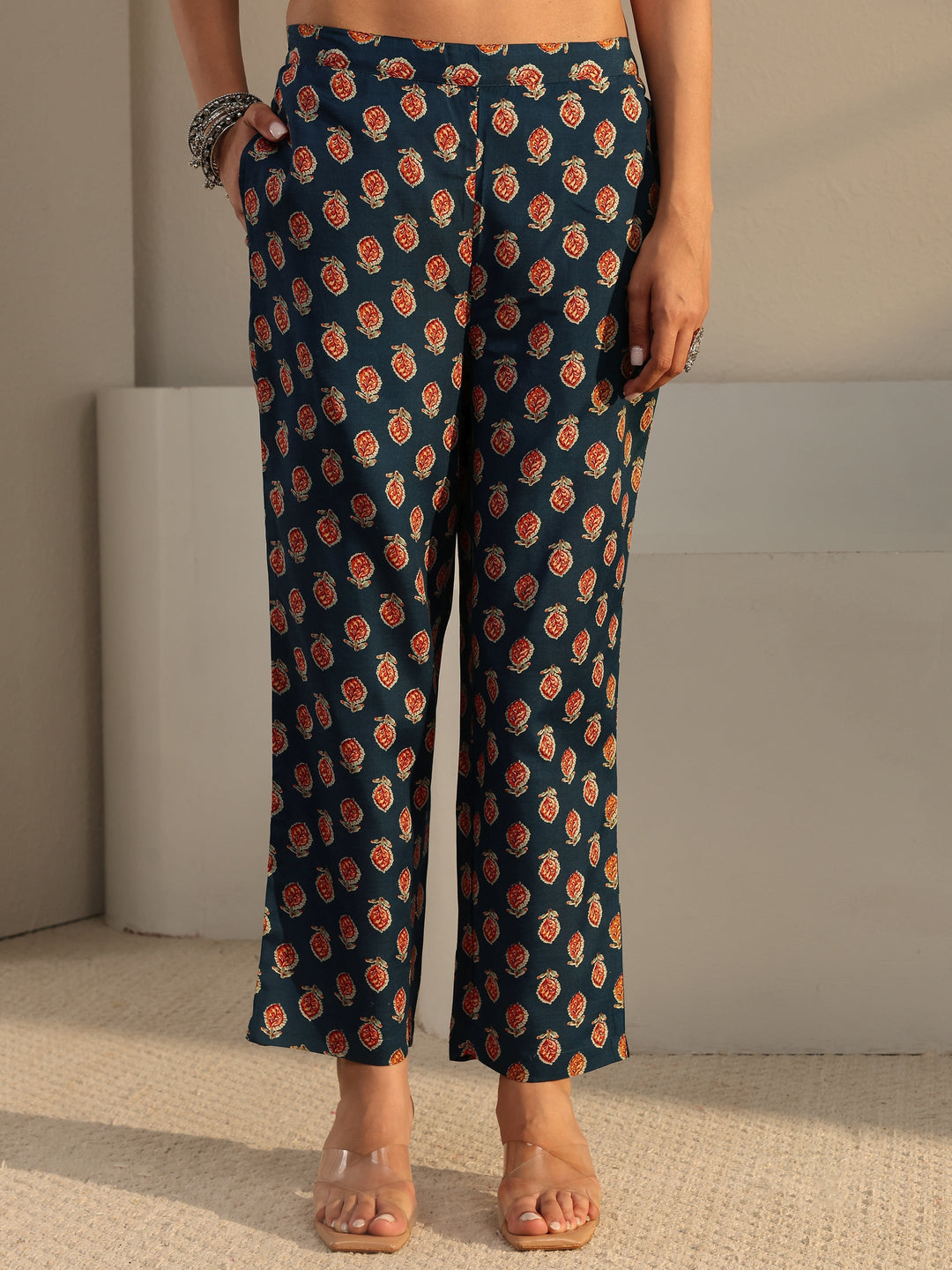 Blue Floral Printed Cotton Blend Straight Suit Set With Dupatta