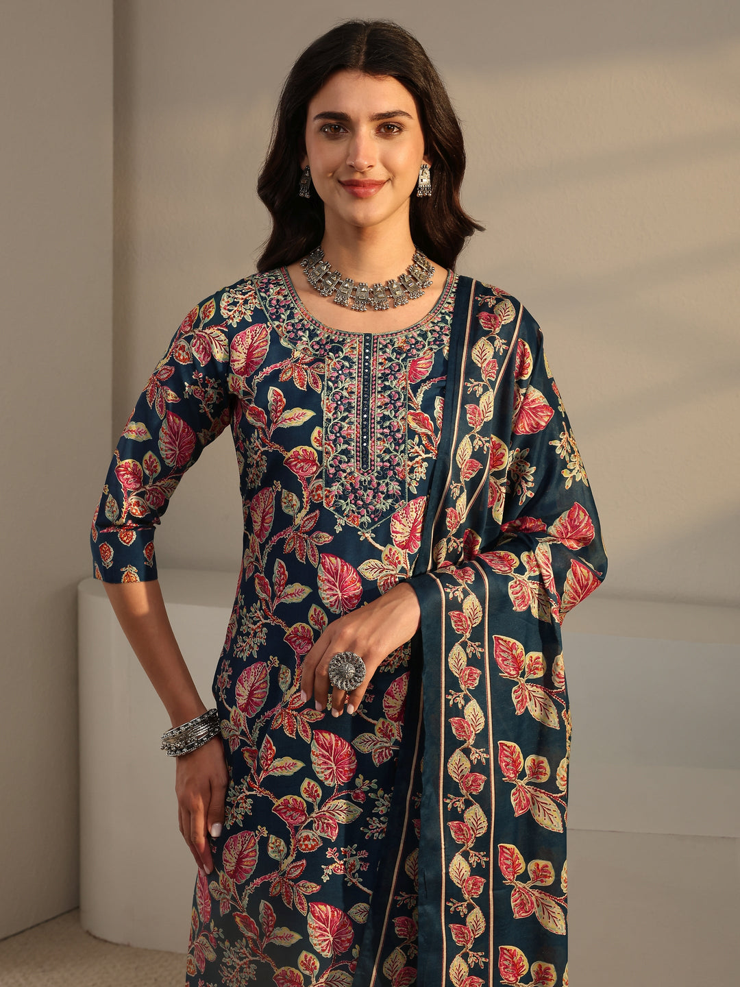Blue Floral Printed Cotton Blend Straight Suit Set With Dupatta