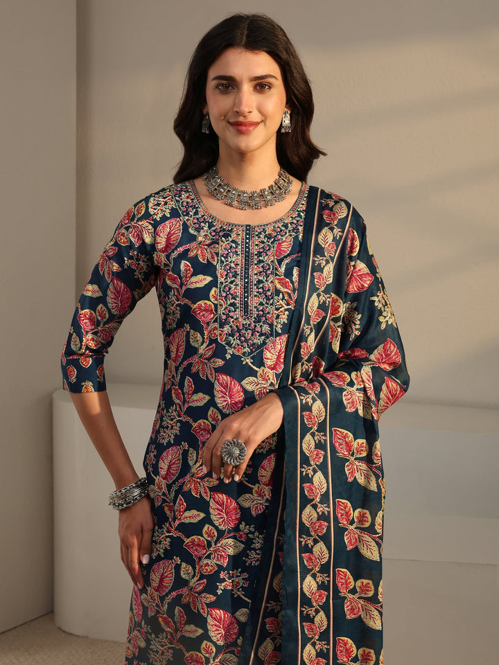 Blue Floral Printed Cotton Blend Straight Suit Set With Dupatta