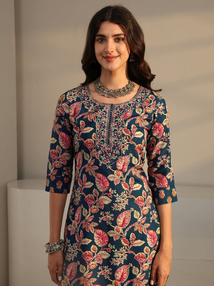 Blue Floral Printed Cotton Blend Straight Suit Set With Dupatta