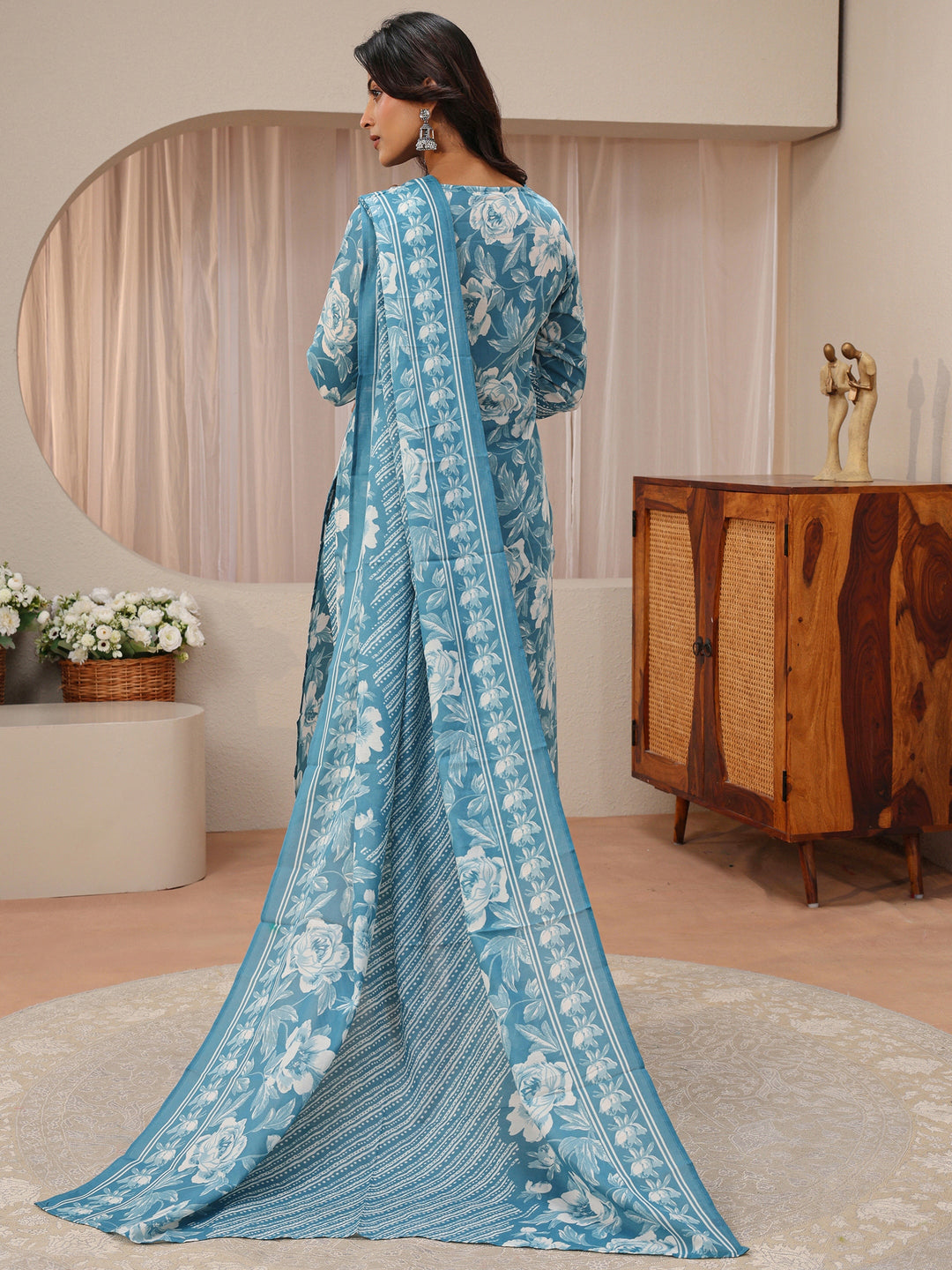 Blue Floral Printed Cotton Blend Straight Suit Set