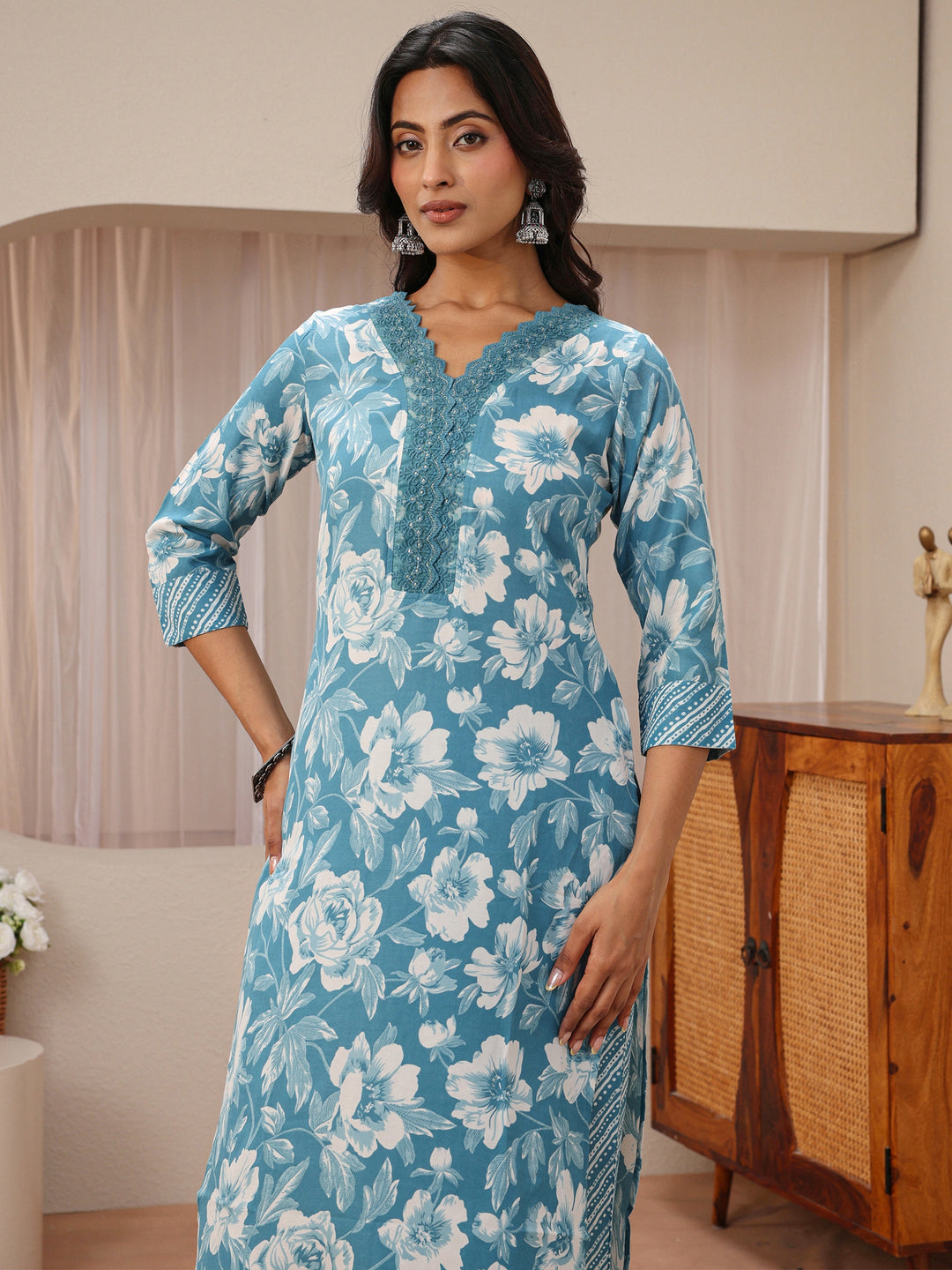 Blue Floral Printed Cotton Blend Straight Suit Set