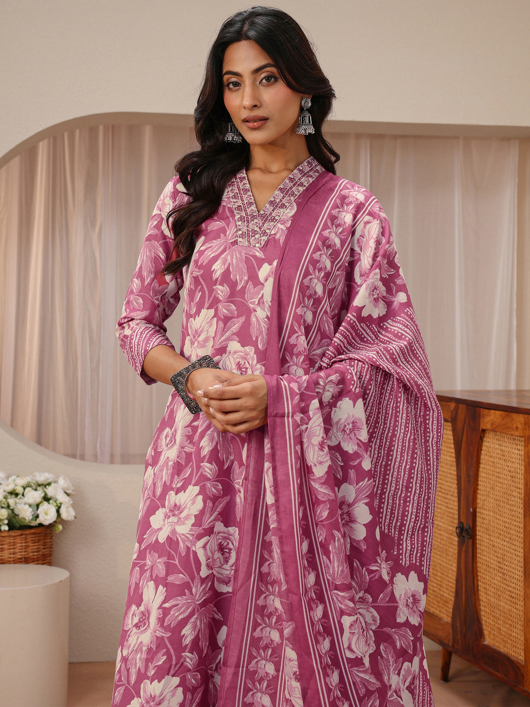 Pink Floral Printed Cotton Blend Straight Suit Set