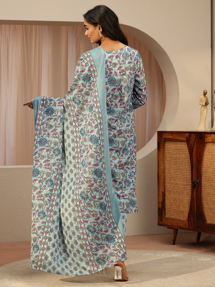 Blue Floral Printed Cotton Blend Straight Suit Set
