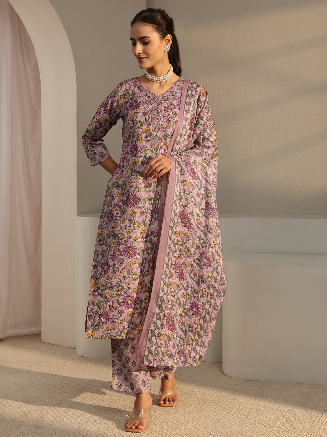 Pink Floral Printed Cotton Blend Straight Suit Set With Dupatta