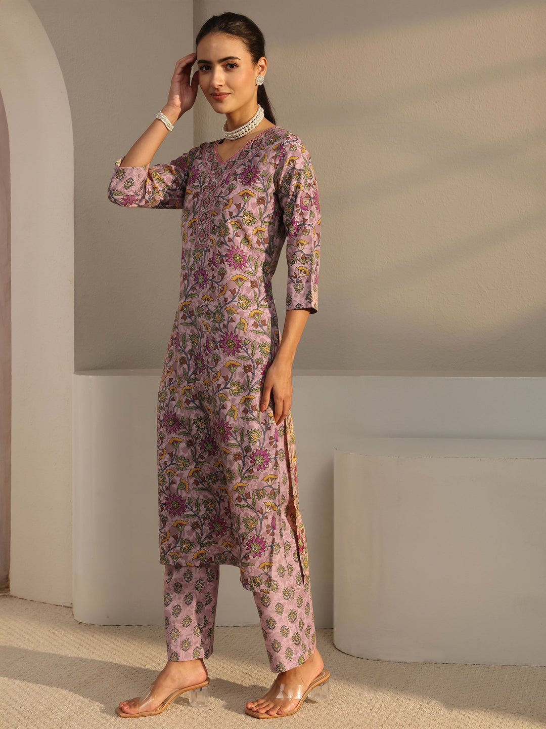 Pink Floral Printed Cotton Blend Straight Suit Set With Dupatta