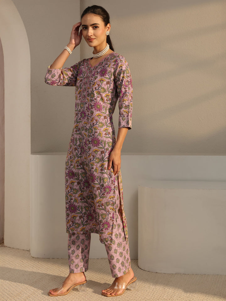 Pink Floral Printed Cotton Blend Straight Suit Set With Dupatta