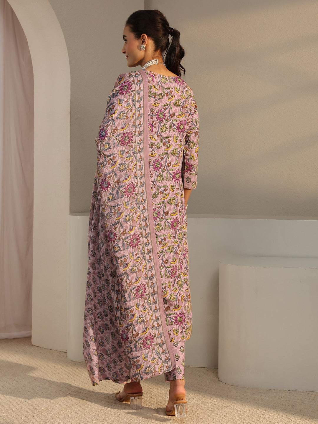 Pink Floral Printed Cotton Blend Straight Suit Set With Dupatta