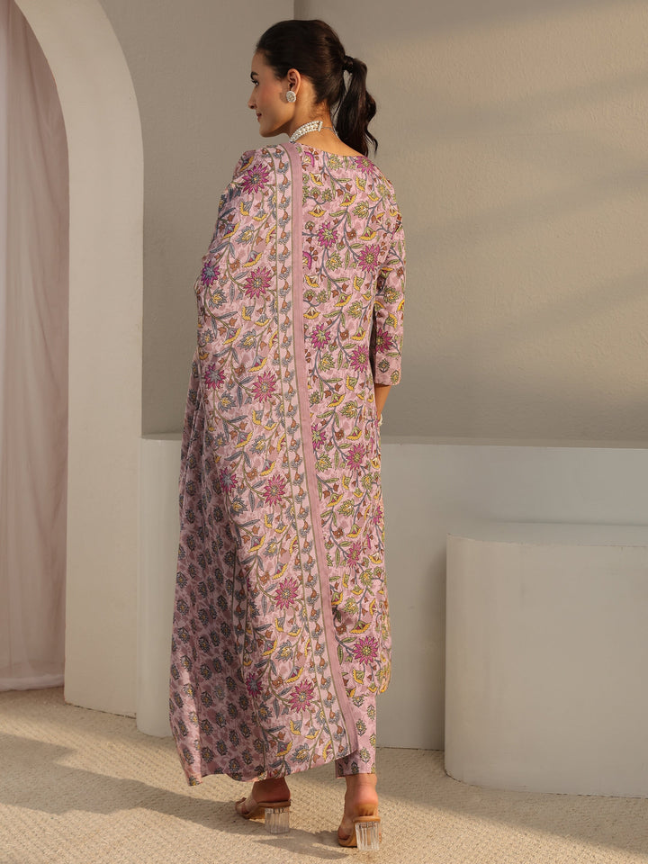 Pink Floral Printed Cotton Blend Straight Suit Set With Dupatta