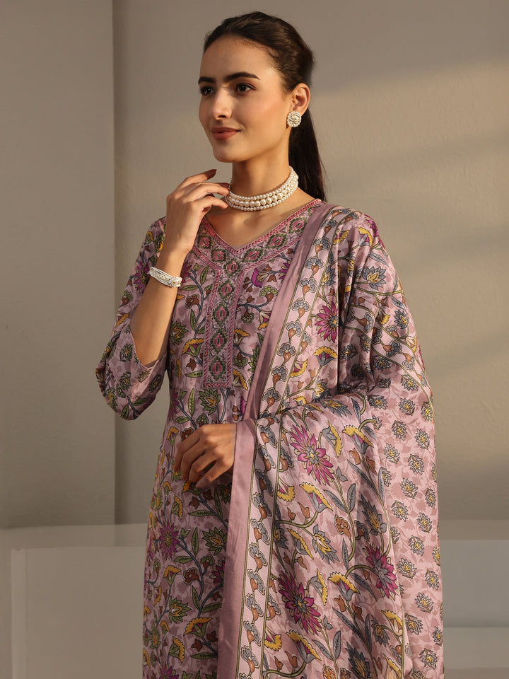 Pink Floral Printed Cotton Blend Straight Suit Set With Dupatta