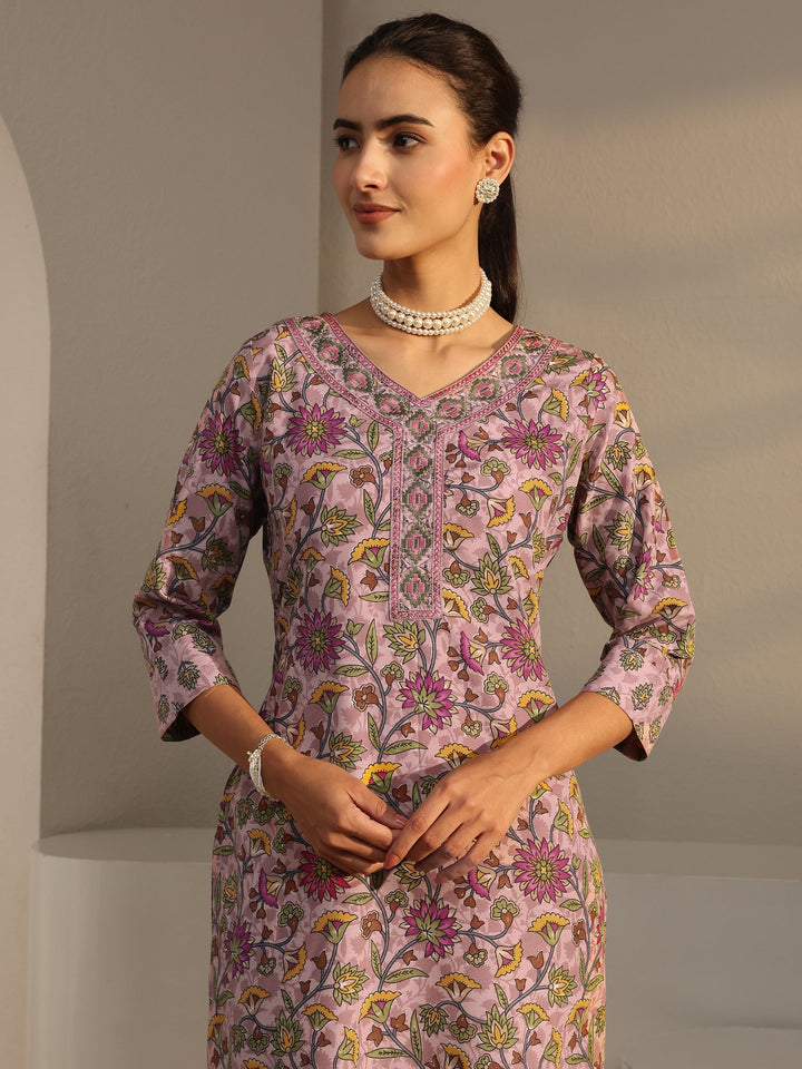 Pink Floral Printed Cotton Blend Straight Suit Set With Dupatta
