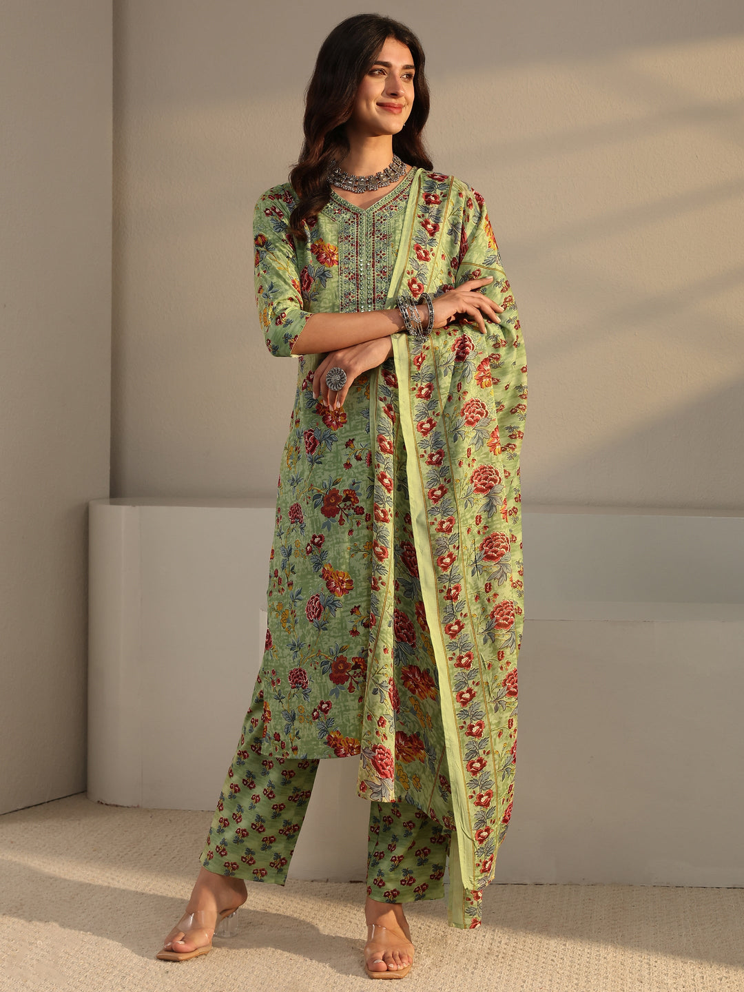 Green Floral Printed Cotton Blend Straight Suit Set With Dupatta