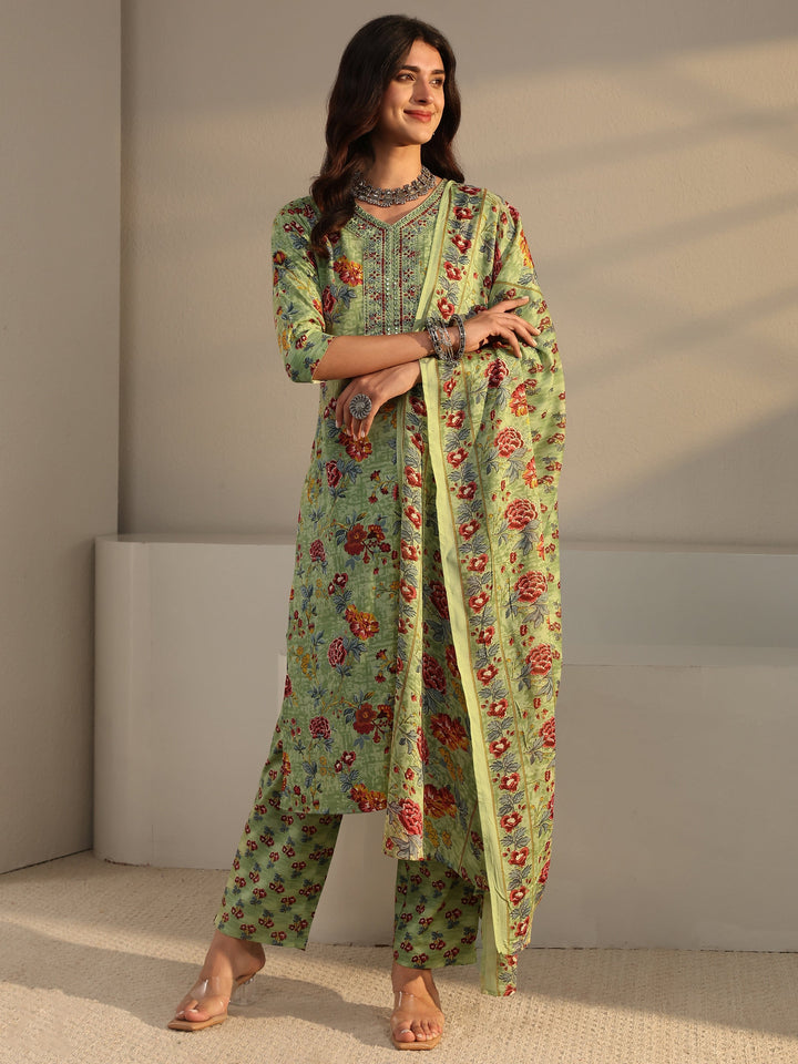 Green Floral Printed Cotton Blend Straight Suit Set With Dupatta