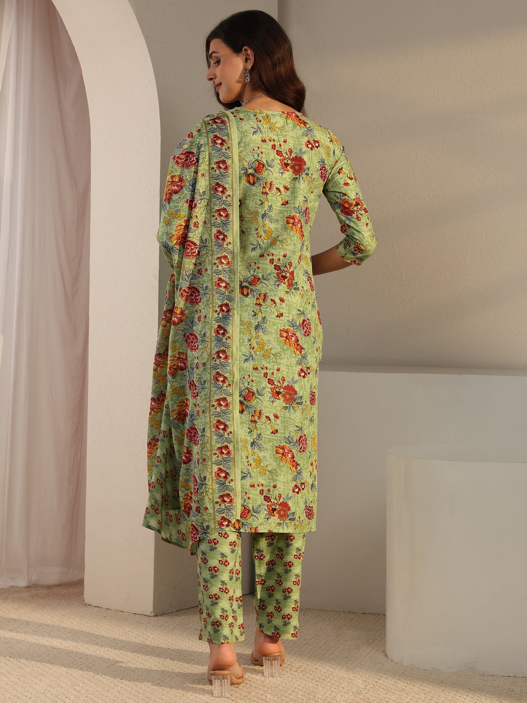 Green Floral Printed Cotton Blend Straight Suit Set With Dupatta