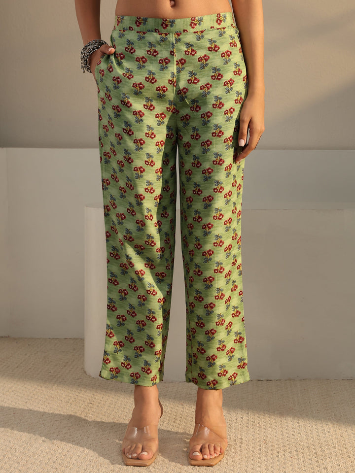 Green Floral Printed Cotton Blend Straight Suit Set With Dupatta