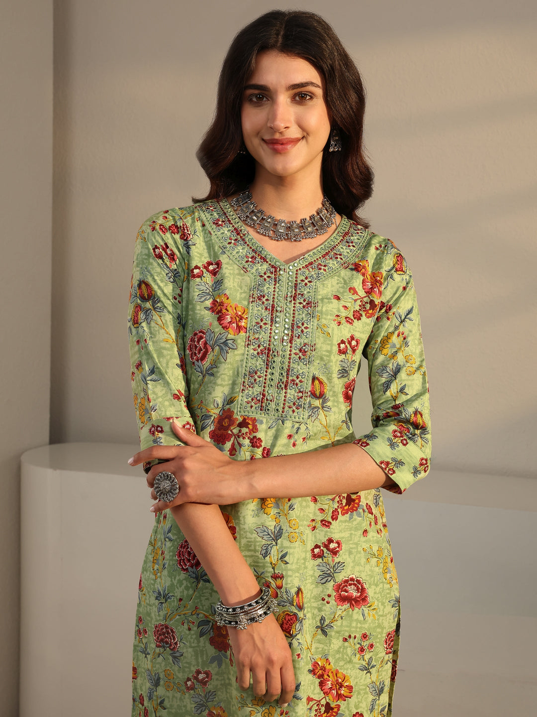 Green Floral Printed Cotton Blend Straight Suit Set With Dupatta