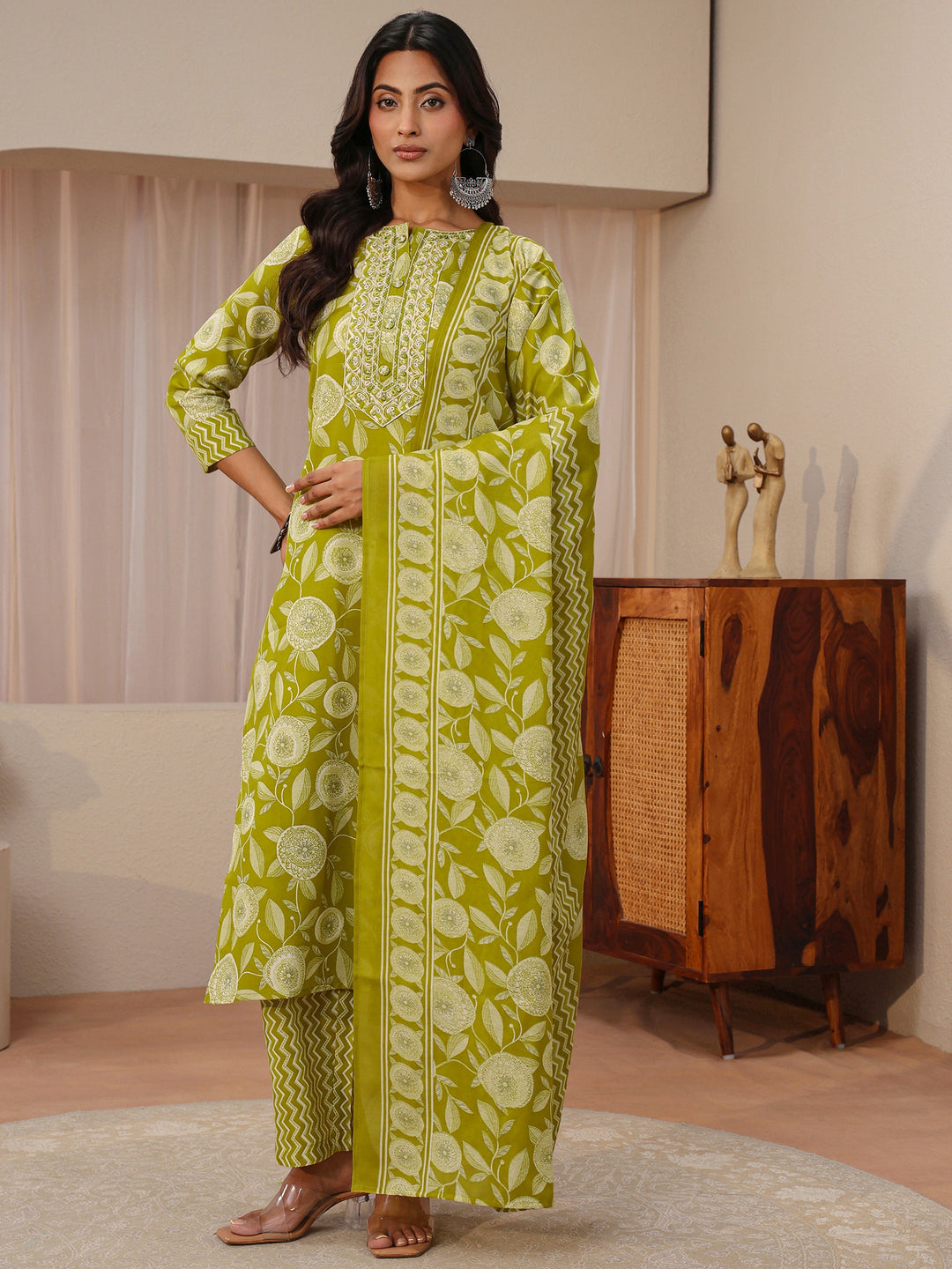 Green Floral Printed Cotton Blend Straight Suit Set