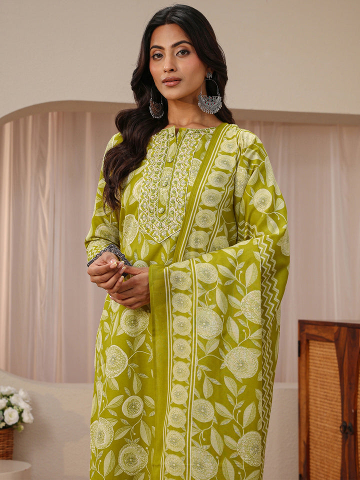 Green Floral Printed Cotton Blend Straight Suit Set