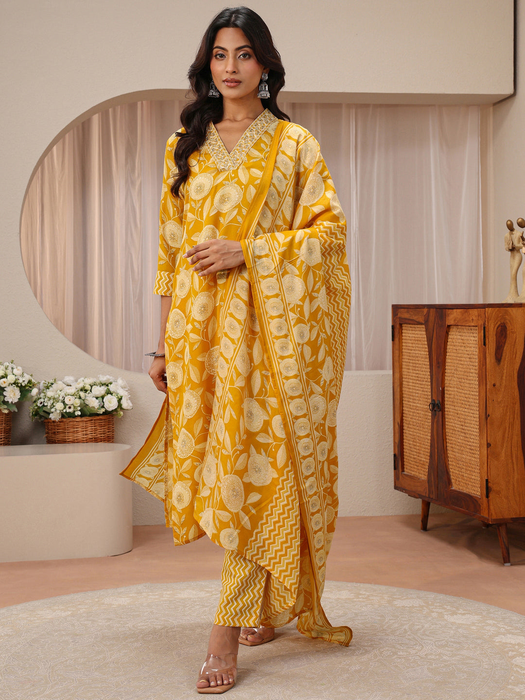 Mustard Floral Printed Cotton Blend Straight Suit Set