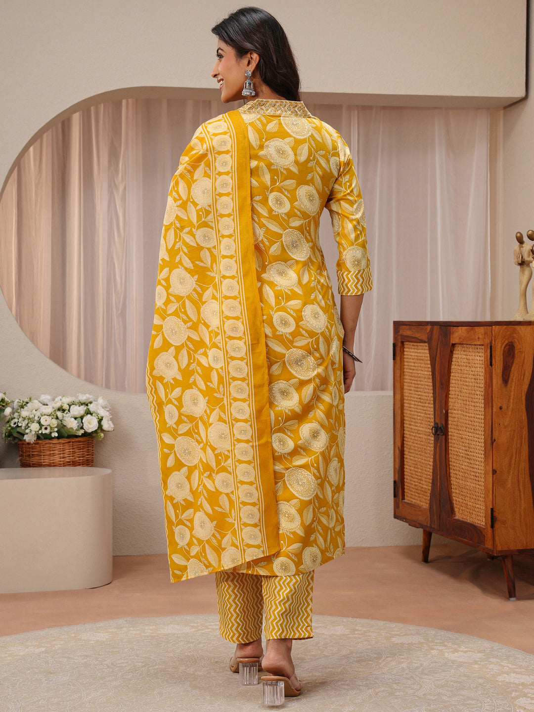 Mustard Floral Printed Cotton Blend Straight Suit Set