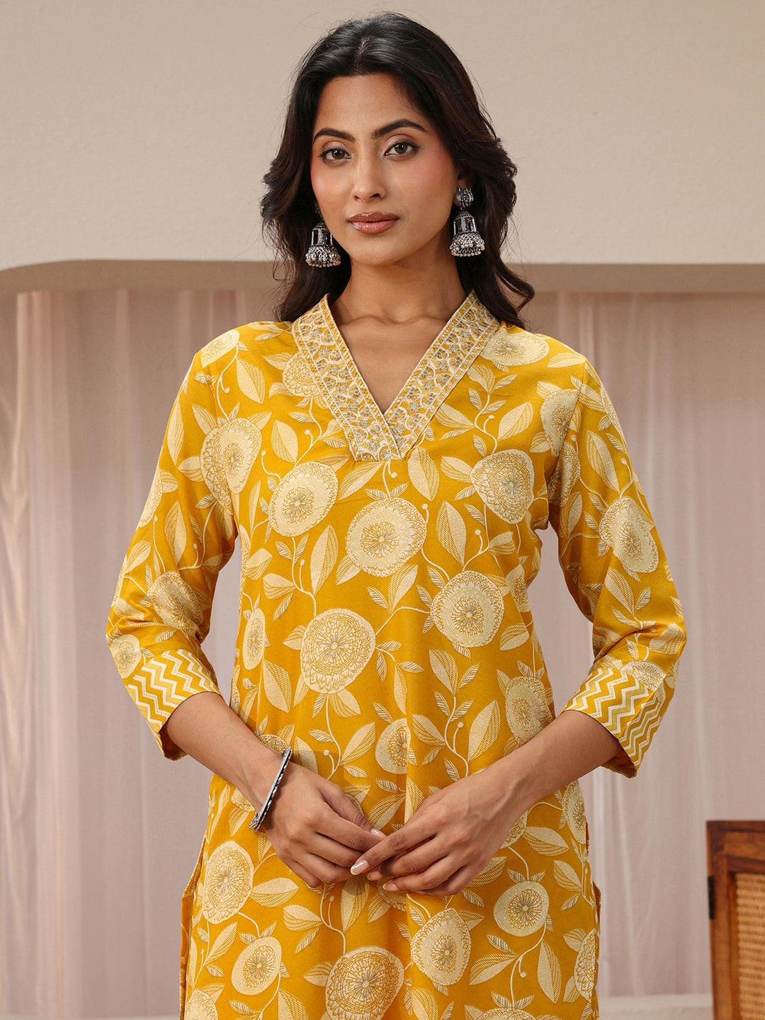 Mustard Floral Printed Cotton Blend Straight Suit Set