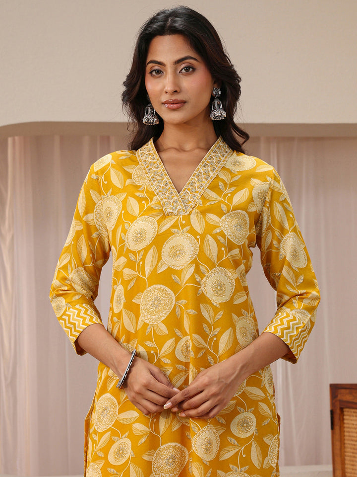 Mustard Floral Printed Cotton Blend Straight Suit Set
