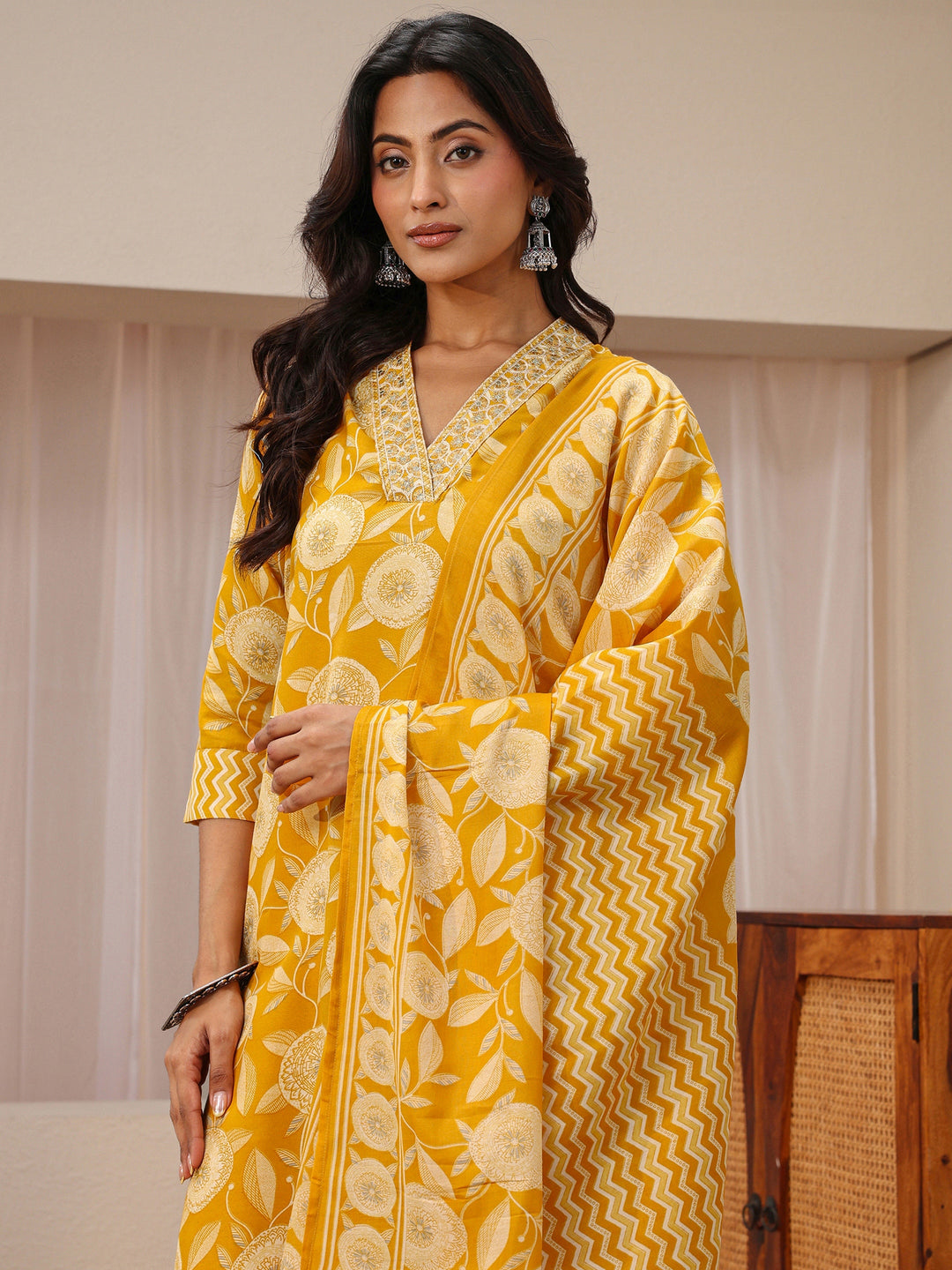 Mustard Floral Printed Cotton Blend Straight Suit Set