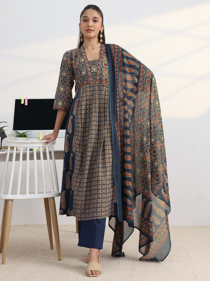 Blue Printed Cotton Blend A-Line Suit Set With Dupatta