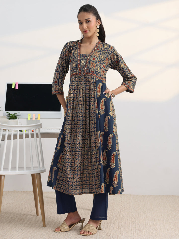 Blue Printed Cotton Blend A-Line Suit Set With Dupatta