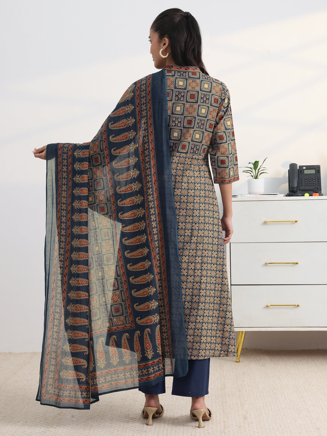 Blue Printed Cotton Blend A-Line Suit Set With Dupatta