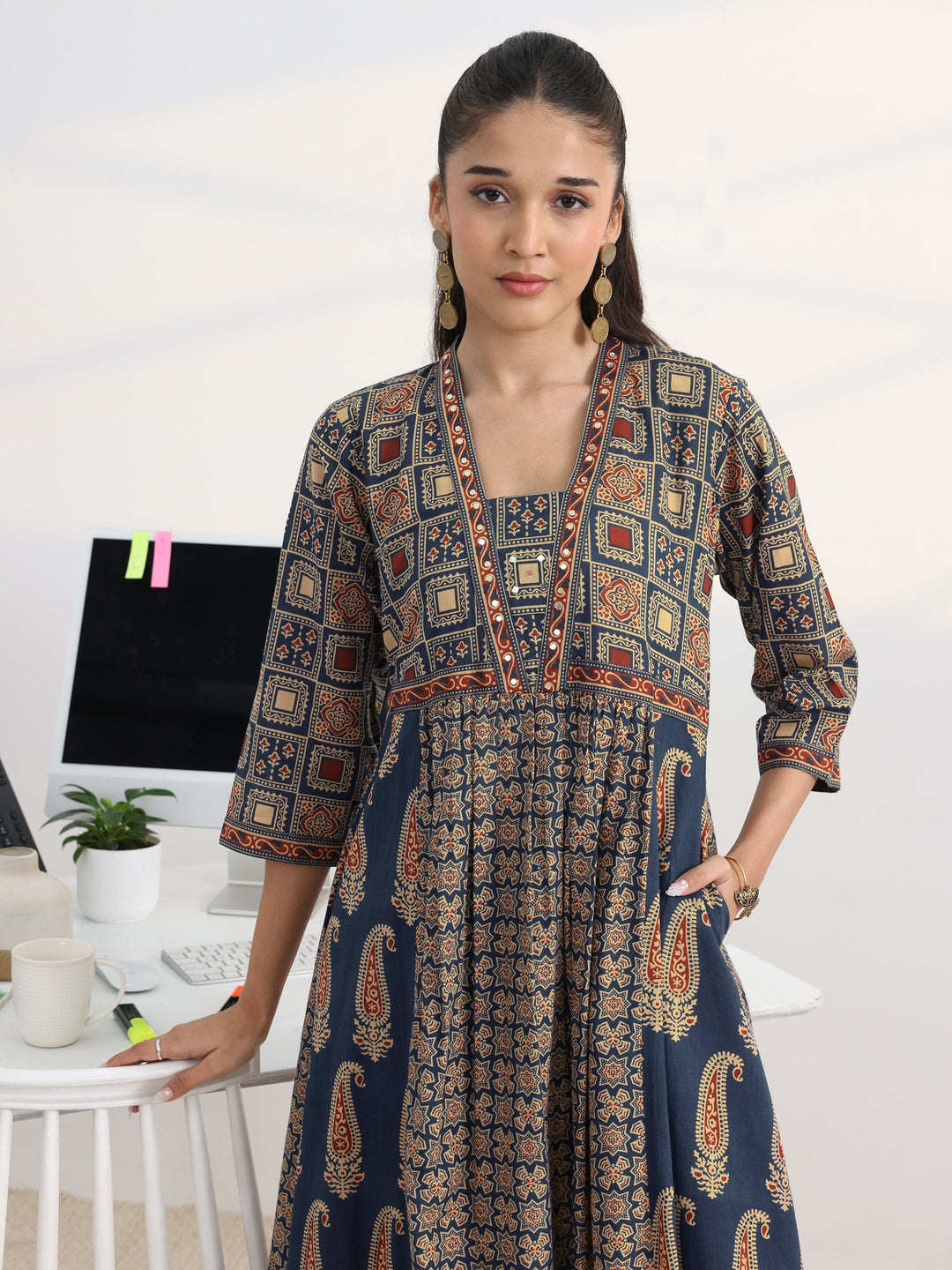 Blue Printed Cotton Blend A-Line Suit Set With Dupatta