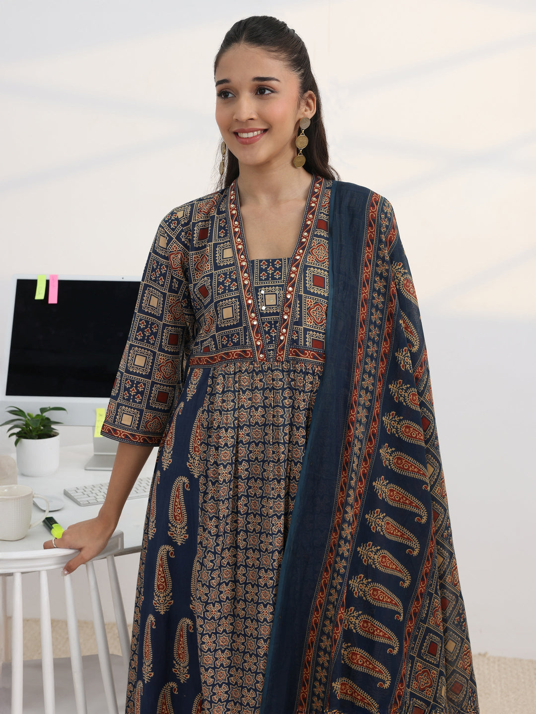Blue Printed Cotton Blend A-Line Suit Set With Dupatta